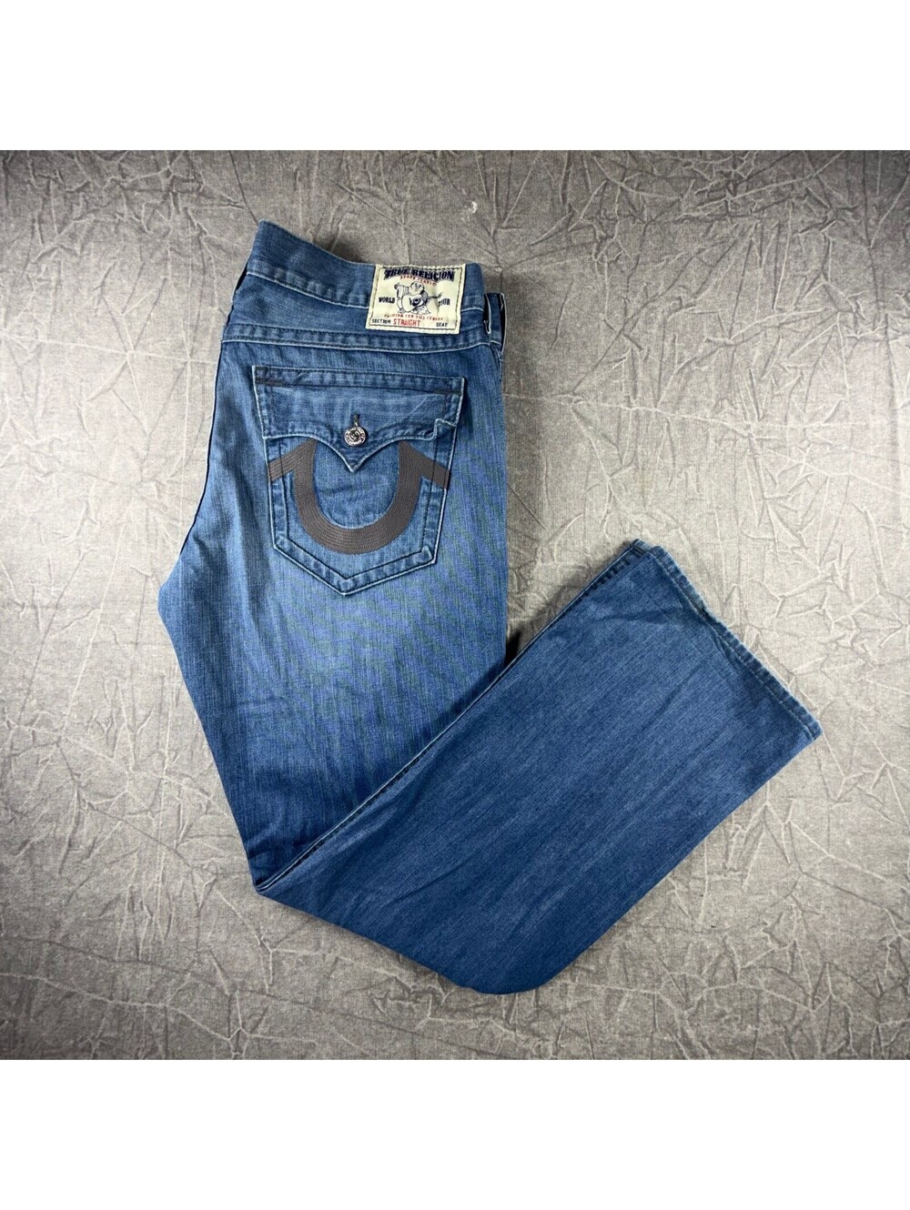 True Religion Section Straight Flap Gray Horseshoe Embroidered Y2K Mens 40 Jeans